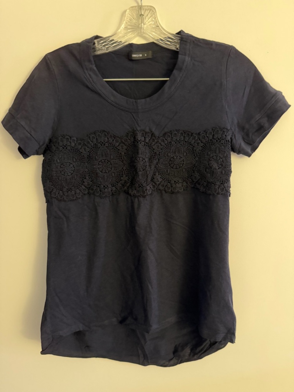 Crewneck Black Short-Sleeve Tee with Crochet Band